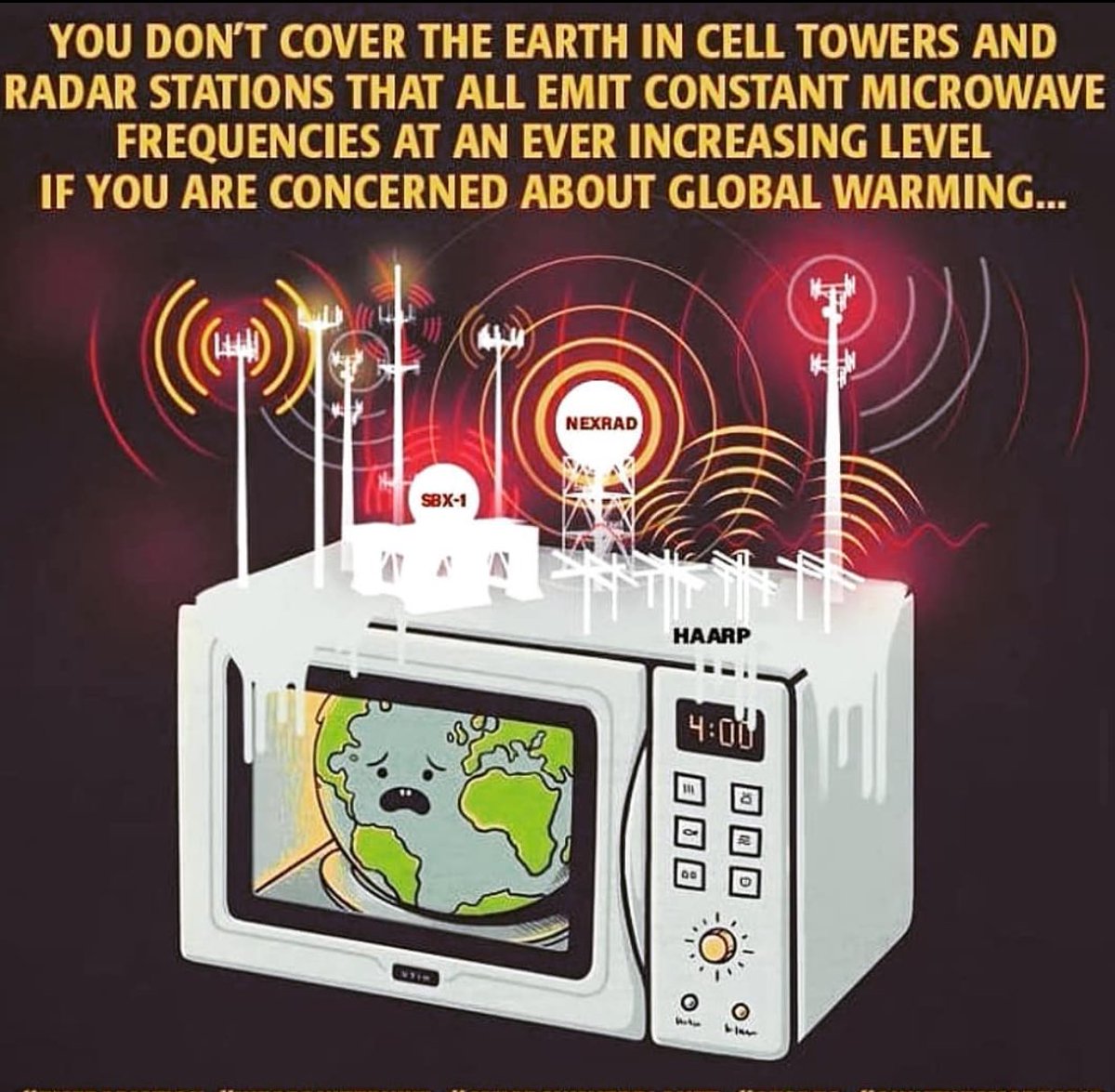 You don’t cover the Earth and cell towers and radar stations that all emit constant frequencies at an ever increasing level if you are concerned about global warming...