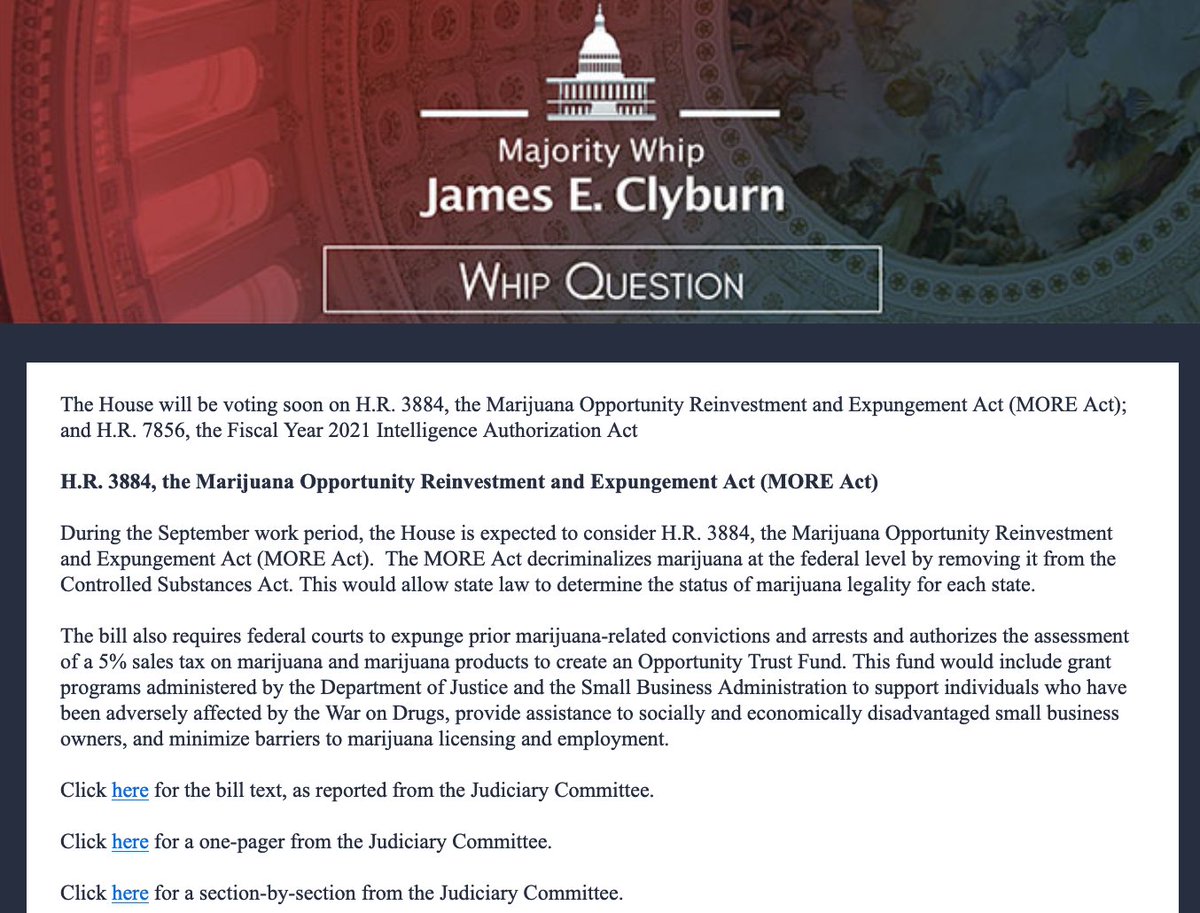 tomangell's tweet image. JUST IN: House Majority Whip James Clyburn just confirmed that there will be a floor vote on a bill to federally legalize marijuana next month.

marijuanamoment.net/house-to-vote-…