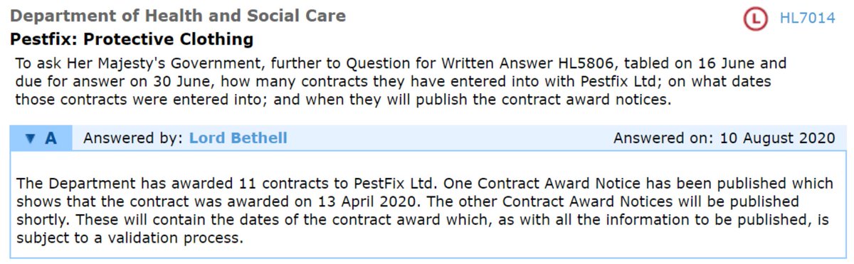 That question is brought into still sharper focus by two facts. The first is that we now know that Government entered into ELEVEN PPE contracts with pest control specialist, Pestfix. /5