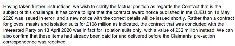 First a little background. Originally Government said it had entered into a contract for £108m with Pestfix for gloves, masks and coveralls/isolation suits – but on 17 June admitted that had been a mistake and that it had entered into a £32m contract just for suits. /2