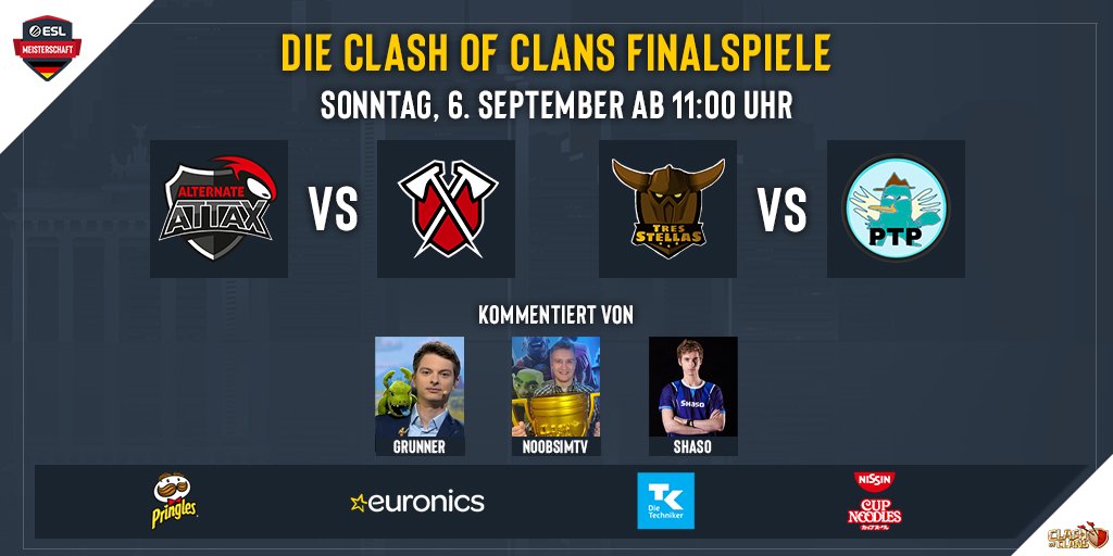 ESL Germany (@eslgermany) on Twitter photo In einer Woche finden wir heraus, wer sich die erste deutsche Meisterschaft in <a href="/ClashOfClansDE1/">Clash of Clans DE</a> sichert! #ClashOfClans
๐ <a href="/ATNattax_coc/">Angel</a> - <a href="/TribeGaming/">Tribe Gaming</a>
๐ <a href="/TresStellasCoC/">tresstellas</a> - PTP
๐ Das #ESLMeisterschaft Finale
๐ <a href="/GRunnerTV/">Renรฉ | OverTake</a>, <a href="/Noobs_iMTV/">Noobs_iMTV</a> & <a href="/Shaso_1/">Shaso</a>
๐ 6. September
โฐ 11:00 Uhr In einer Woche finden wir heraus, wer sich die erste deutsche Meisterschaft in <a href="/ClashOfClansDE1/">Clash of Clans DE</a> sichert! #ClashOfClans
๐ <a href="/ATNattax_coc/">Angel</a> - <a href="/TribeGaming/">Tribe Gaming</a>
๐ <a href="/TresStellasCoC/">tresstellas</a> - PTP
๐ Das #ESLMeisterschaft Finale
๐ <a href="/GRunnerTV/">Renรฉ | OverTake</a>, <a href="/Noobs_iMTV/">Noobs_iMTV</a> & <a href="/Shaso_1/">Shaso</a>
๐ 6. September
โฐ 11:00 Uhr