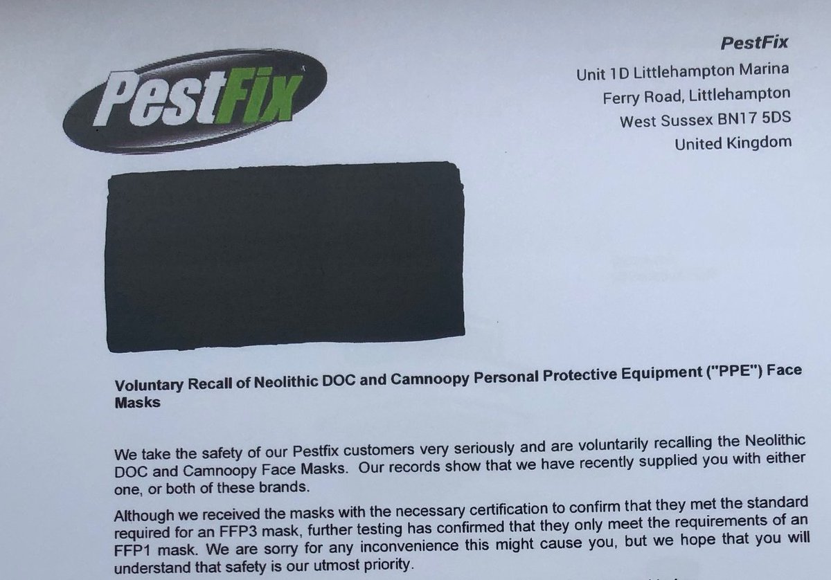 The second is that we know that Pestfix has missold as suitable for higher risk uses (FFP3) masks in fact only suitable for lower risk uses (FFP1).Pestfix told the BBC that it sold those masks only to “commercial and private clients.” /6