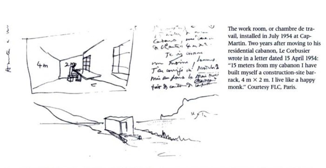 efemarq's tweet image. El juliol de 1954 en #Corbu es féu una cabana de #treball per a ell sol, a 15 metres del Cabanon. Aquest petit taller, de 3,8 x 1,8 metres i anomenat "#Baraque de chantier", només té una taula, una prestatgeria i 2 finestres. Aquí en Corbu dibuixa i escriu, "com un monjo feliç".