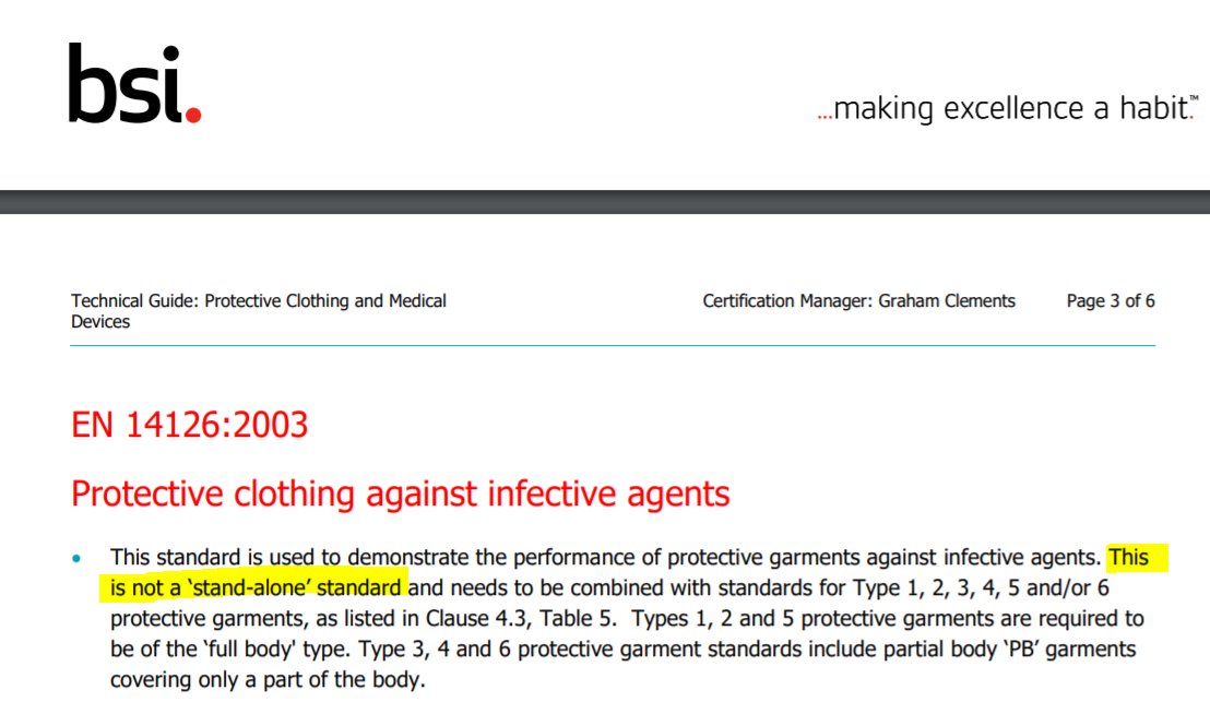 Third, what appears to have been tested was one isolation suit – model L160: not much if you are buying £32m worth. And it appears only to have been tested to standard EN14126/2003. Here’s what the British Safety Industry Federation say about testing to that standard. /13