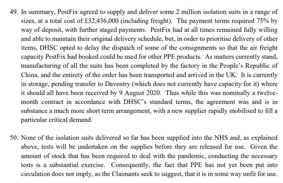 What has Government told the court about the present status of the isolation suits? Well, as of 29 July 2020 Government said they were in storage, and had not yet been tested. /15