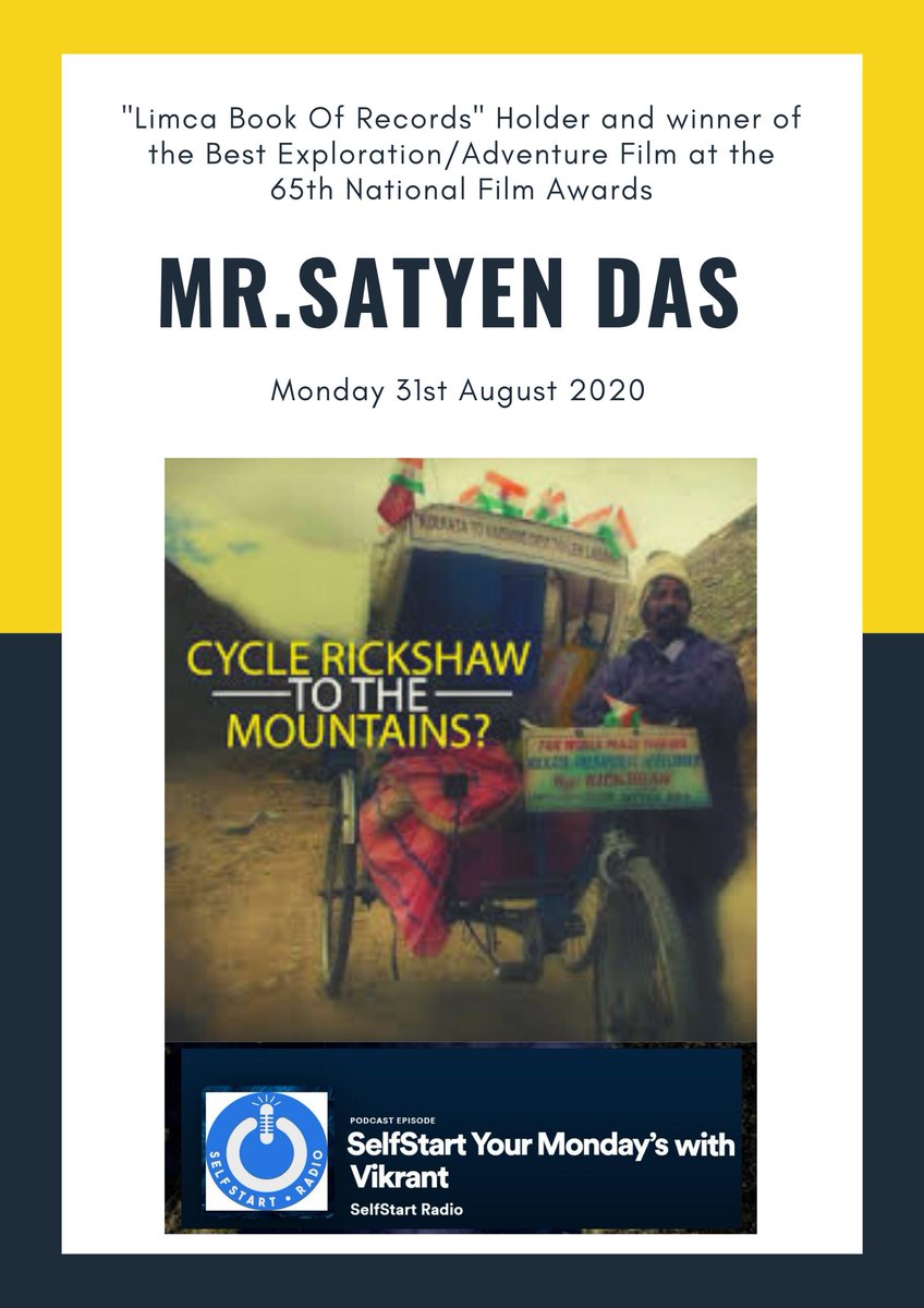 vikrant_dutt's tweet photo. This Monday you will have Satyen Das "A Rikshaw Puller" who went till Leh on his rikshaw from Kolkata and created world record of riding cycle rikshaw on Kardhungla Pass
#SelfStartRadio #SelfStartYourMondaysWithVikrant #SelfStart
Search for this episode this monday 31st August https://t.co/wAynWD98Du