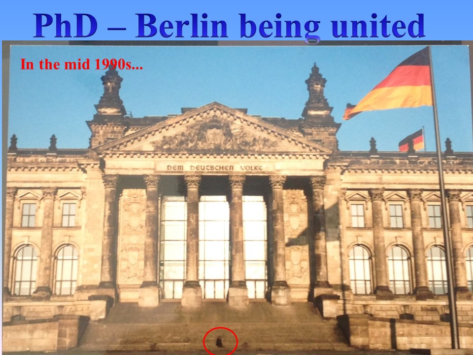 9) Next step -- marriage and Germany for a PhD in Berlin. This was an amazing experience, because the city was being reunited and the institute was brand new. When things are rebuilt hierarchies are still being established, so that it is easier to occupy spaces. That is me below.