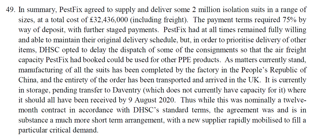 Final point, Govt publishes what it calls experimental data on PPE distributed for use in England ( https://www.gov.uk/government/publications/ppe-deliveries-england-10-august-to-16-august-2020/experimental-statistics-personal-protective-equipment-distributed-for-use-by-health-and-social-care-services-in-england-10-august-to-16-august-2020) which shows we have so far used 417,000 coveralls.You may wonder why we bought 2 million from Pestfix to “fulfil a particular critical demand.” /17