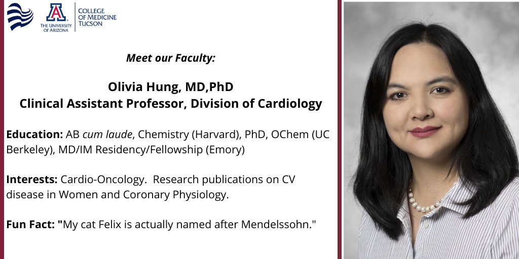 UAZTucson_IMRes's tweet photo. We are fortunate to have great faculty here, who are dedicated to #MedEd and accessible to our housestaff. We'd like you to meet Dr. Olivia Hung, #Cardiology @UAZHeart - who serves on our Clinical Competency Committee. @UAWomenAcadMed @UAZMedicineEdu @UAZMedTucson @UAZHealth https://t.co/kya0qO8Hrc
