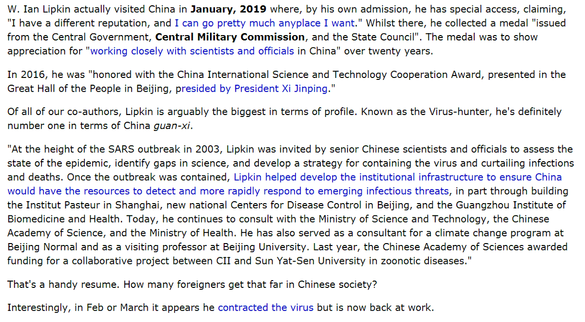 30. Of all of our co-authors, Lipkin is the biggest in terms of profile. Known as the Virus-hunter, he's definitely number one in terms of China "guanxi".Read the rest of the research here: http://formosahut.com/forum/index.php?mode=thread&id=2035Lipkin is well connected to Bavari, Franz & Koblenz among others
