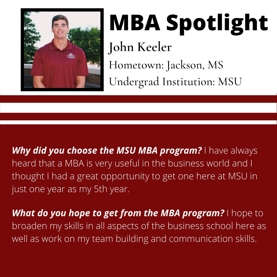 MSStateMBA's tweet image. Happy Maroon Friday! Meet John Keeler! John received a degree in Finance from MSU, and he hopes to work in construction insurance. Check out why he chose to pursue an MBA! #msstatemba

Learn more about the MSU MBA Programs at buff.ly/2C47pek
