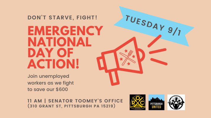 Join us and other affected restaurant and unemployed workers on Tuesday 9/1 outside of Senator Pat Toomey’s office to #SaveThe600! 

Rent and bills are overdue, and we can’t wait any longer for congress to act!