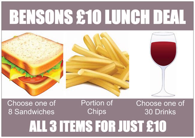 Our #lunch deal is available from 12pm every day. Sandwich selection includes #BLT and #Ploughman’s. Drink selection includes a glass of #wine and #beer #henleystreet #stratforduponavon