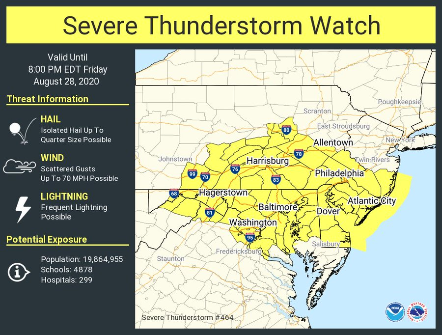 capitalweather's tweet photo. JUST IN: Severe thunderstorm watch for DC area (except far southern suburbs) until 8 p.m.

Details: https://t.co/PNusmzsGHo https://t.co/n1w78vF9TD