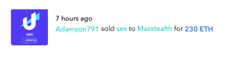 unstoppableweb's tweet photo. Largest resale of a .crypto domain ever 🎉

Sex.crypto sold for $90,000 (230 ETH) on @OpenSea today!

This is also the largest secondary sale of an individual NFT on OpenSea to date. 

Find a domain ➡️ https://t.co/8L97BTWIs4 https://t.co/W1vHJDDnD2