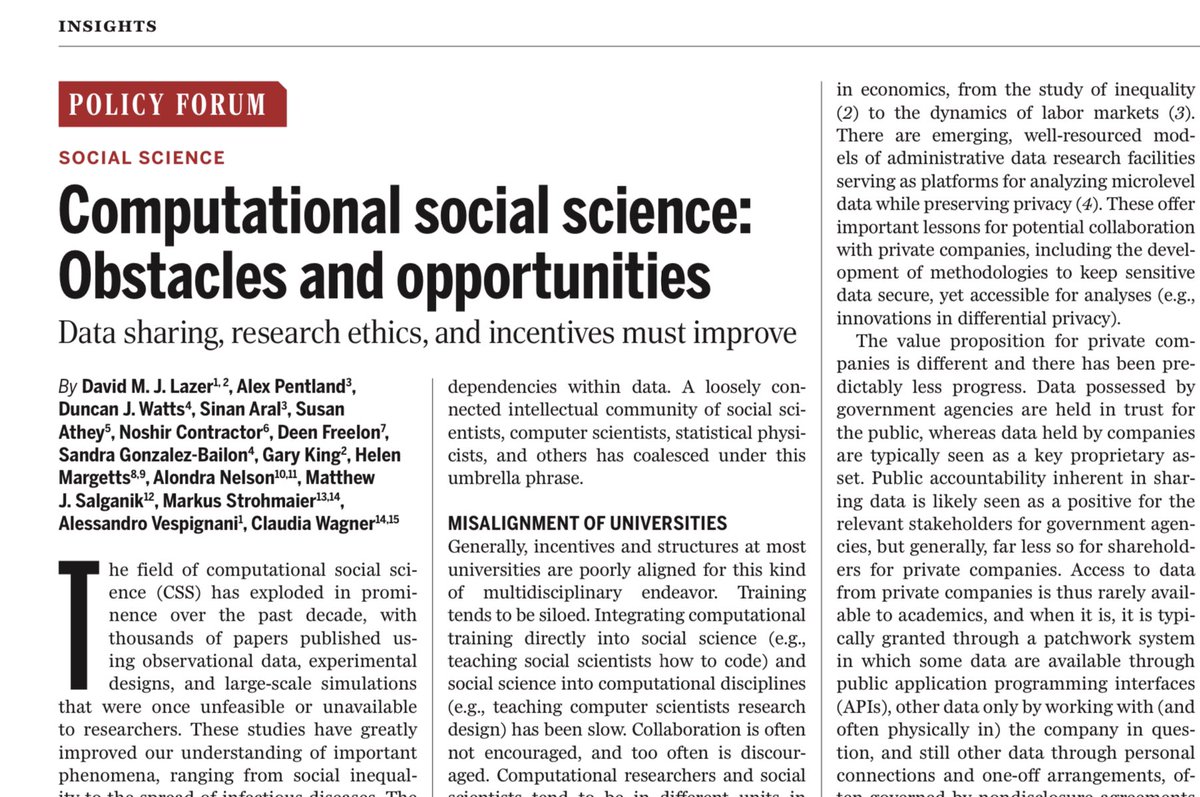 Computational social science (CSS) has exploded in prominence over the past decade, with thousands of papers published using observational data, experimental designs, and large-scale simulations that were once unfeasible or unavailable to researchers. science.sciencemag.org/content/369/65…