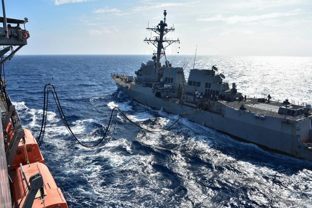 There are no pit stops in the #SouthChinaSea, only continued operations.  #FreeAndOpenIndoPacific

The Henry J. Kaiser-class fleet replenishment oiler #USNSTippecanoe transfers fuel to the Arleigh Burke-class guided-missile destroyer #USSMustin during an underway replenishment.