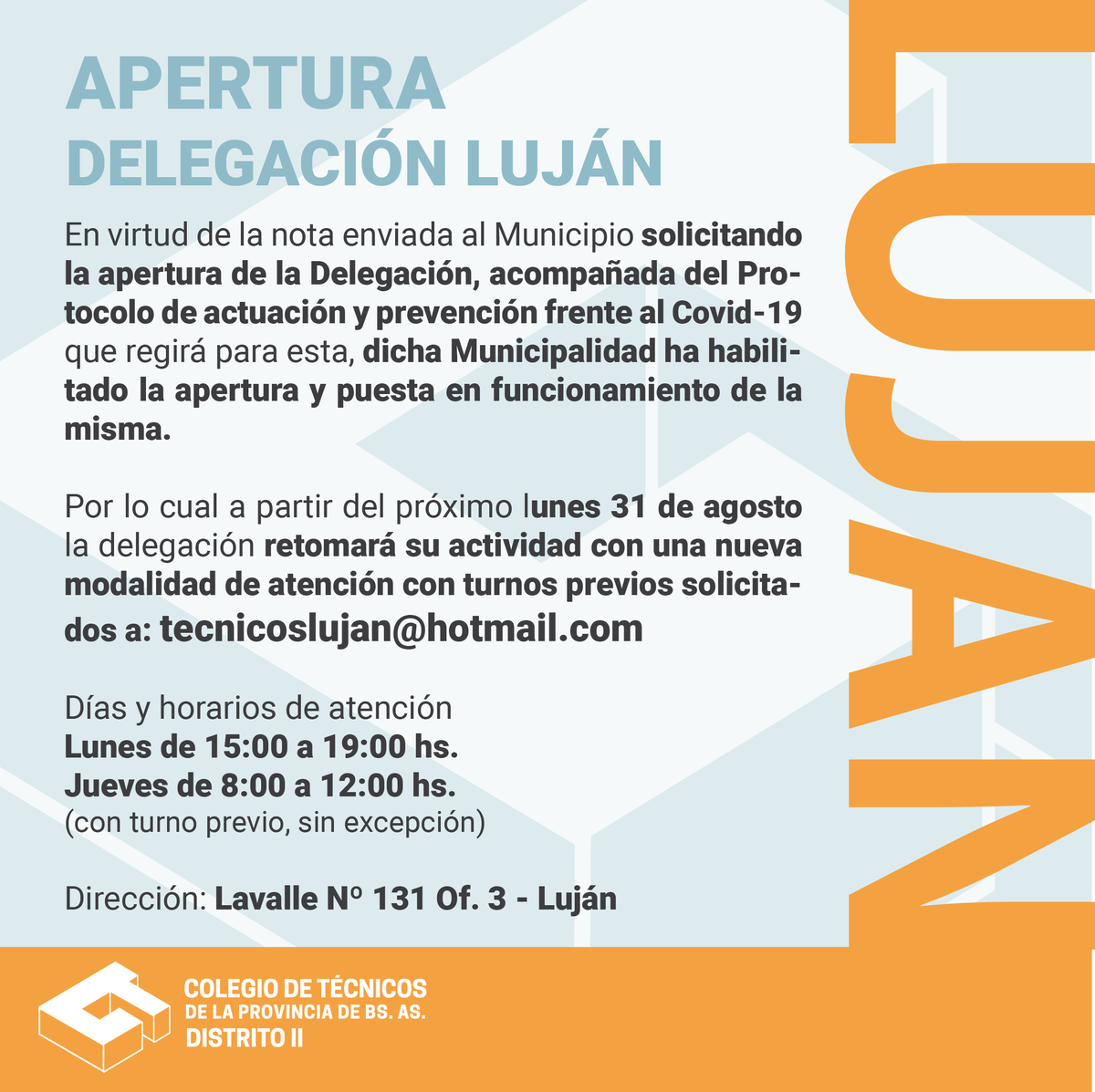 tecnicosd2's tweet photo. Apertura Delegación Luján - Nueva Modalidad de Atención 📣📣📣https://t.co/uW24DNfcoS

#DelegacionLuján #ColegiodeTecnicos #Distrito2 #Argentina #LaMatanza #Merlo #Moreno #TresdeFebrero #Moron #Salto #Chivilcoy #SanAdeGiles #mmo #covid19 #protocolo #prevención #responsabilidad https://t.co/zFUcepeyLC