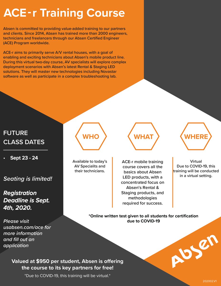 Absen_Inc's tweet image. As a reminder, the application deadline for our virtual ACE Training is September 4. For more information and to fill out an application, visit usabsen.com/ace. #absentraining #absenamerica #mobileled