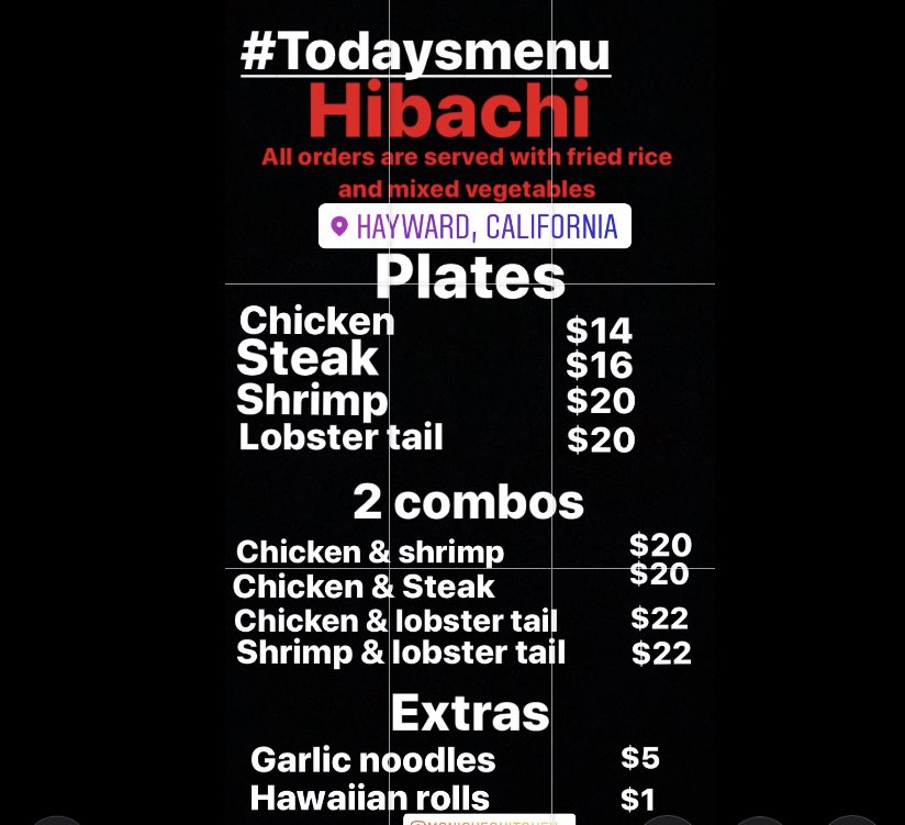 ParksMonique's tweet photo. #todaysmenu Hiabachi chicken,steak,shrimp&Lobster tail all orders are served with fried rice and mixed vegetables Place your orders now โผ๏ธOPEN today @3pm-soldout Located in Hayward Ca DM TO ORDER #like #retweet #supportsmallbusiness #todaymenu #hayward
# https://t.co/K3TiBrD5tJ