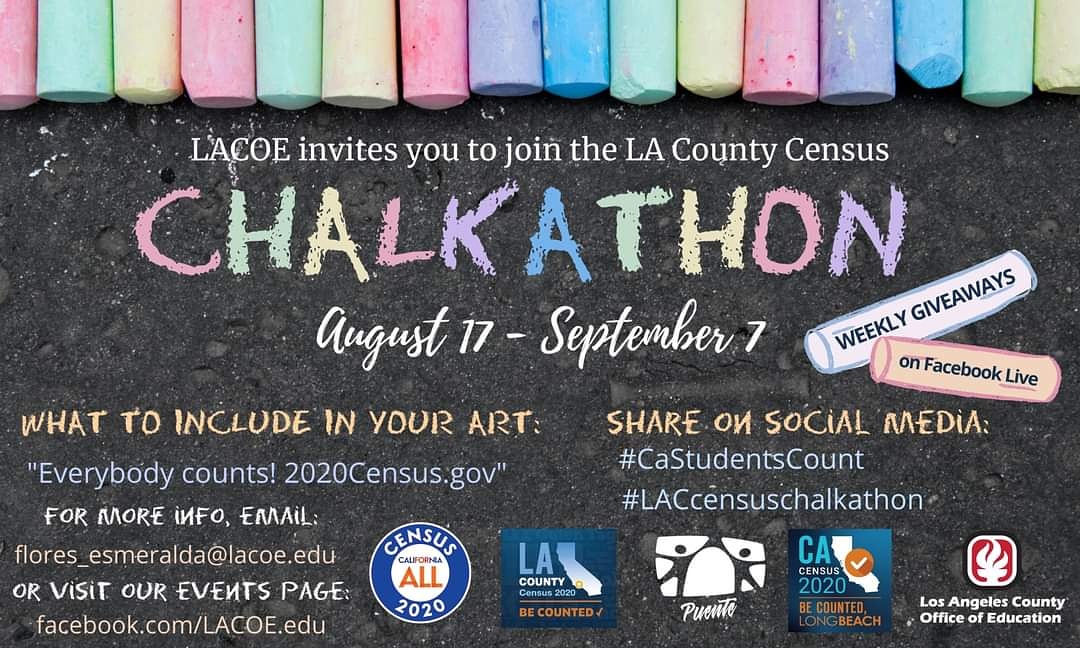 This summer, grab your chalk and join us at our first-ever virtual Census Chalkathon! From Aug 17th - Sept 7th, draw a picture showing why the census matters to you and post it online. Make sure to tag #CAStudentsCount and #LACcensuschalkathon