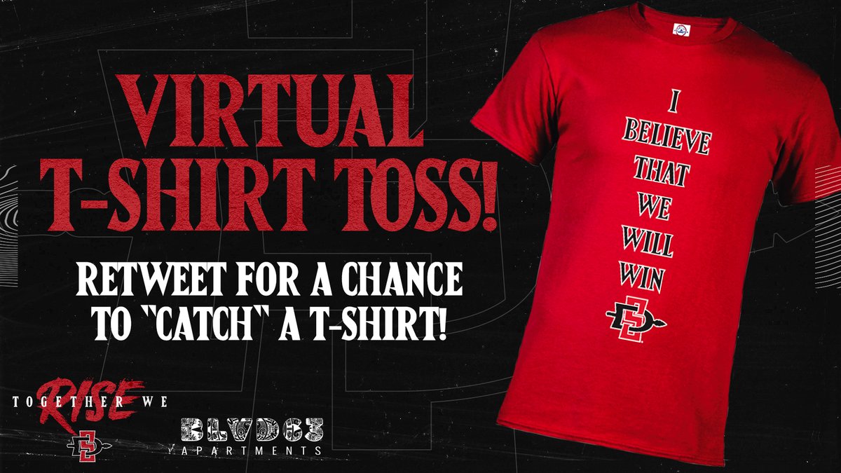 🗣️ T-shirt time! Let's get this week started off right with a Virtual T-shirt Toss, presented by <a href="/BLVD63/">BLVD63</a>! RETWEET this post for your chance to win an <a href="/SDSU/">San Diego State University</a> "I Believe That We Will Win" t-shirt! 10 lucky winners will be randomly selected and we'll mail you your shirt.
