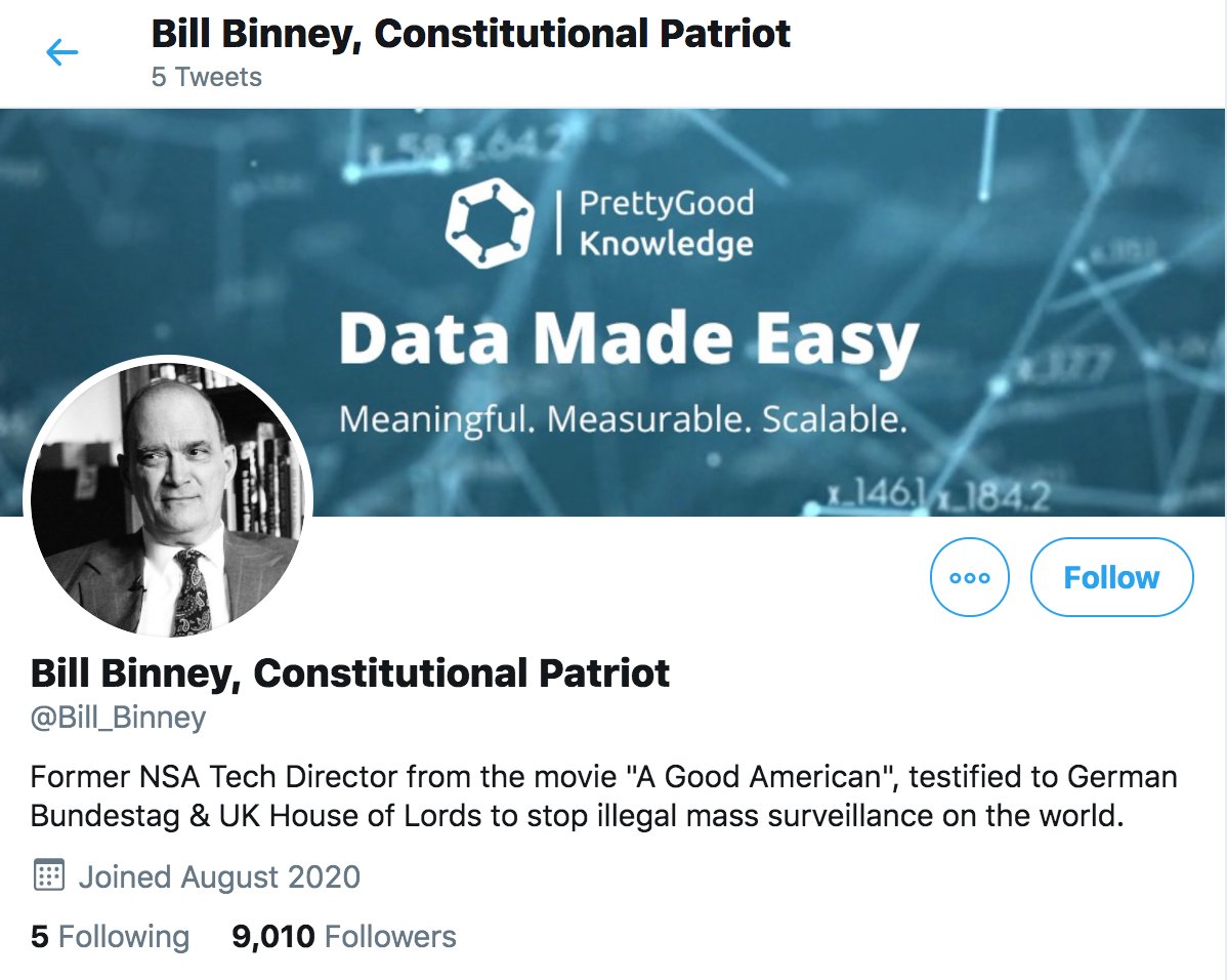 Interestingly,  @realBillBinney is not the only account followed by  @ETheFriend that supposedly belongs to Bill Binney. A second account,  @Bill_Binney, created August 27 2020, turns up as well.