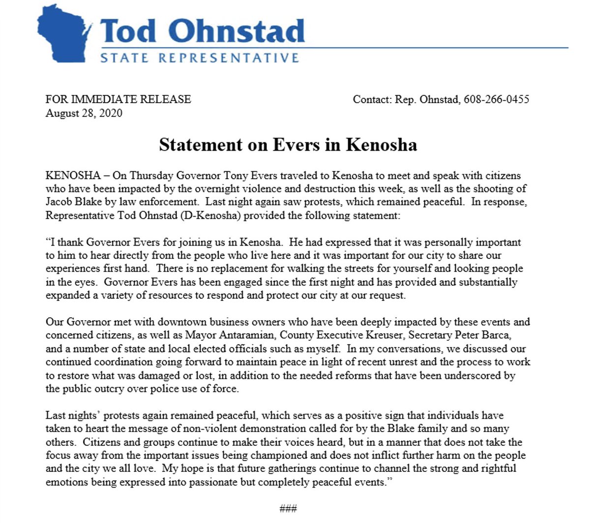 .<a href="/GovEvers/">Governor Tony Evers</a> traveled to Kenosha yesterday to meet &amp; speak with citizens who have been impacted by the overnight violence and destruction this week, as well as the shooting of Jacob Blake. Last night again saw protests, which remained peaceful. Here are my latest comments.