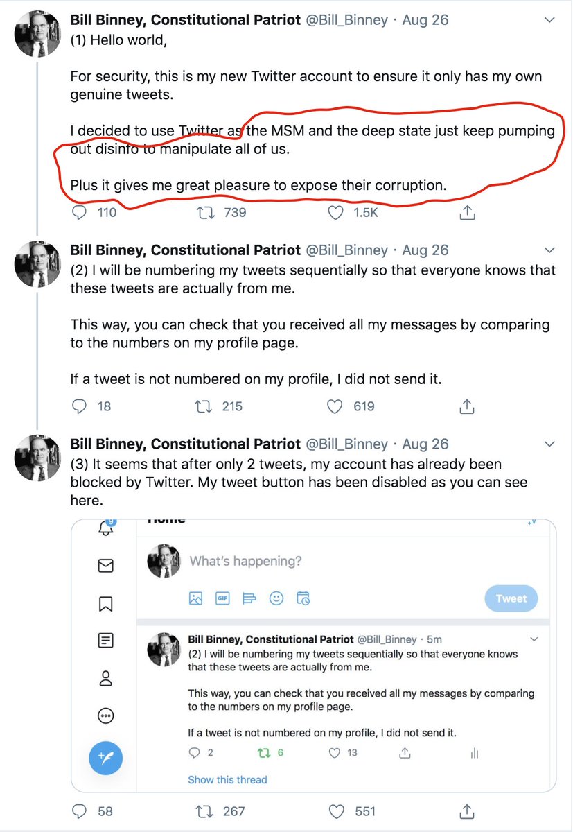 Both  @realBillBinney and  @Bill_Binney kicked off their Twitter careers with similar tweets about MSM and "the deep state". It's unclear how numbering tweets sequentially guarantees that  @Bill_Binney's tweets are authentic, but perhaps further clarification will be forthcoming.