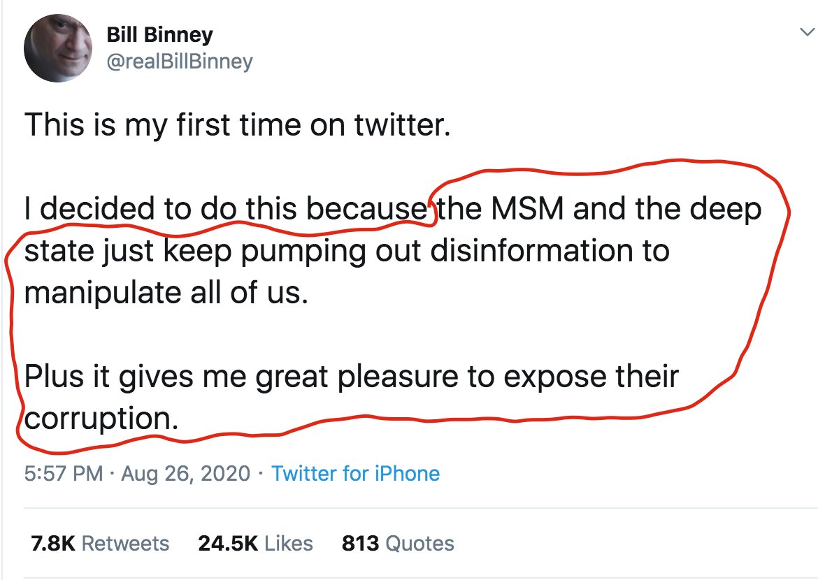 Both  @realBillBinney and  @Bill_Binney kicked off their Twitter careers with similar tweets about MSM and "the deep state". It's unclear how numbering tweets sequentially guarantees that  @Bill_Binney's tweets are authentic, but perhaps further clarification will be forthcoming.