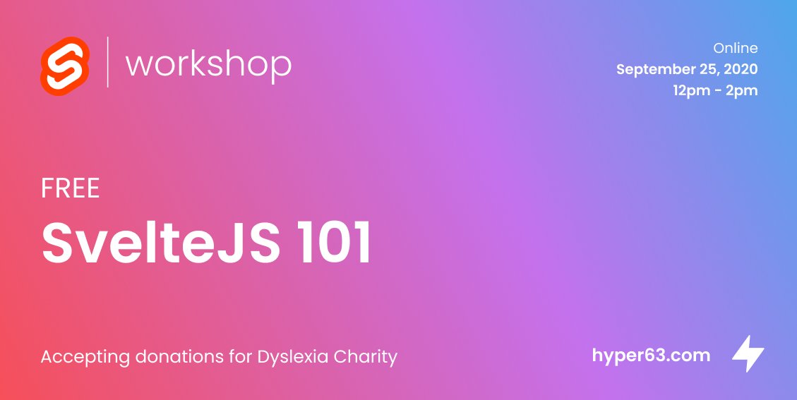 Free Svelte101 workshop - September 25. For details: event.gives/svelte 
#javascript #chstech <a href="/SvelteSociety/">Svelte Society 🧡</a>