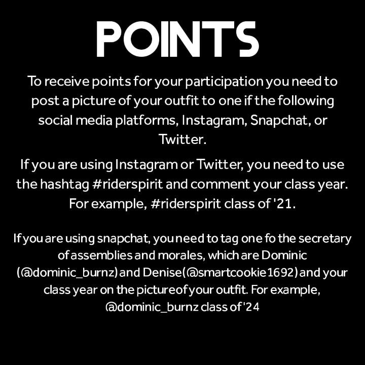 Spirit week kicks off Monday!! Tweet your pic with #riderspirit class of - -. Excited to see your spirit!!