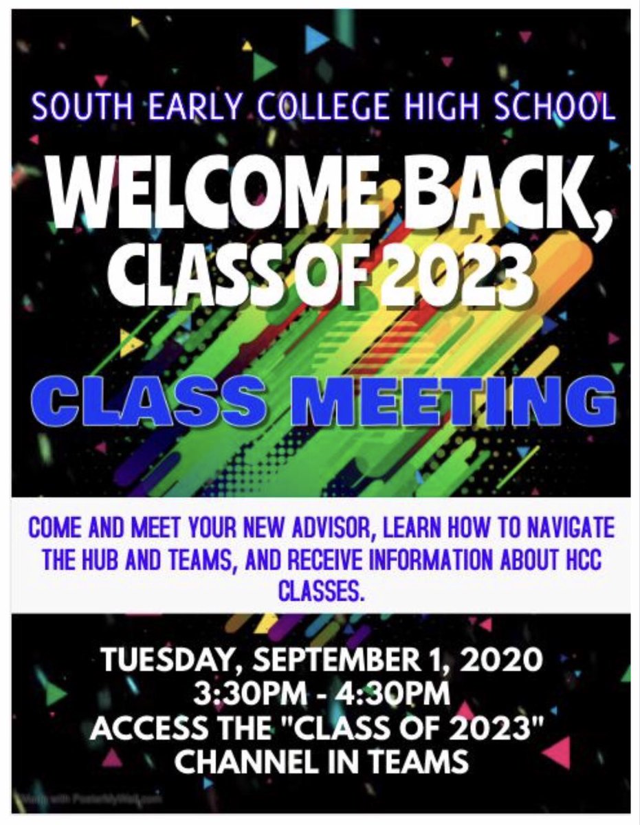 Class of 2023! Sophomores, Rise Up on Tuesday, Sept. 1 from 3:30 pm until 4:30 pm on Teams. 
#WelcomeBacktoSECHS #bethelightinthedarkness