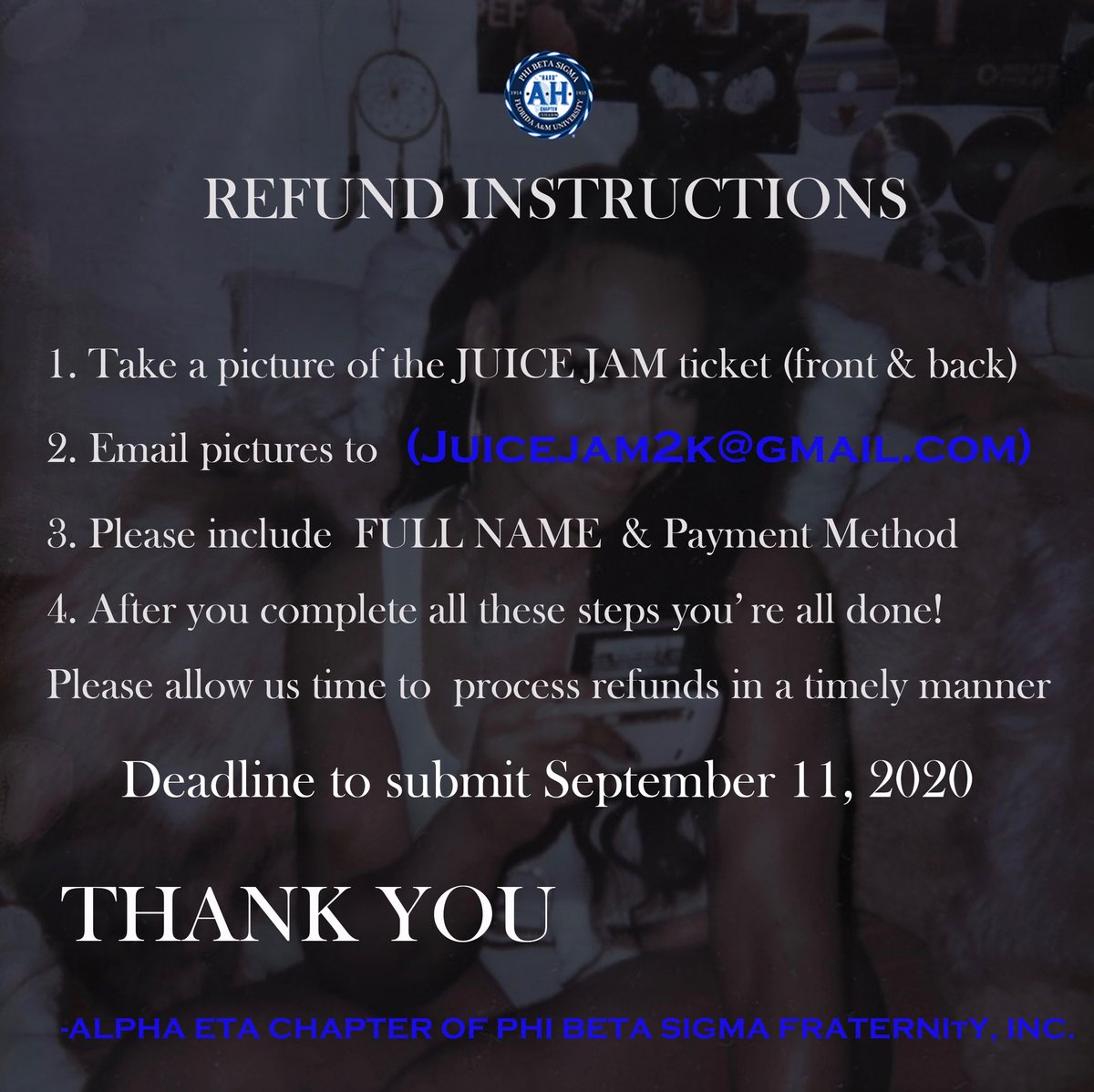 fye_si's tweet photo. 🔵 🔵⚪️Please read carefully‼️In order to receive a refund all information must be sent to juicejam2k@gmail.com🌴. Please include your Full name, method of payment (Cashapp,Venmo,etc), front and back picture of Juice jam ticket in the email. Thank you #Refund #Famusigmas 🤘🏾 https://t.co/dgDgV8CwB6