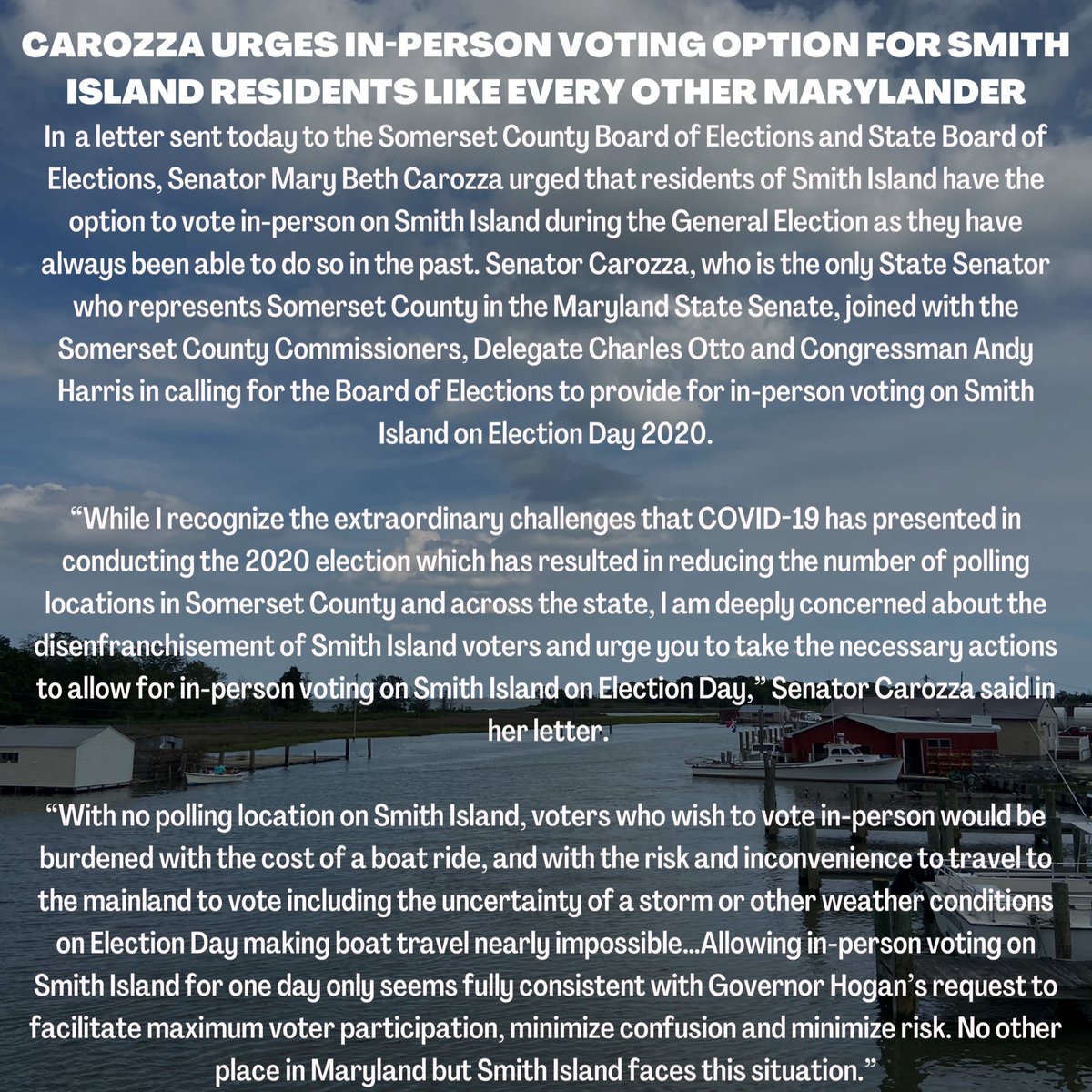 CAROZZA URGES IN-PERSON VOTING OPTION FOR SMITH ISLAND RESIDENTS LIKE EVERY OTHER MARYLANDER #MDPolitics