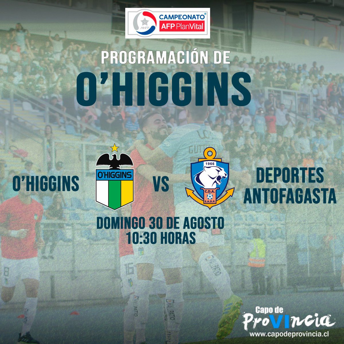 🔴 ¡Cambio de horario! El encuentro entre #OHiggins y Deportes #Antofagasta fue modificado para este domingo 30 de agosto a las 10:30 horas. Será transmitido por CDFP, CDFHD y Estadio CDF.