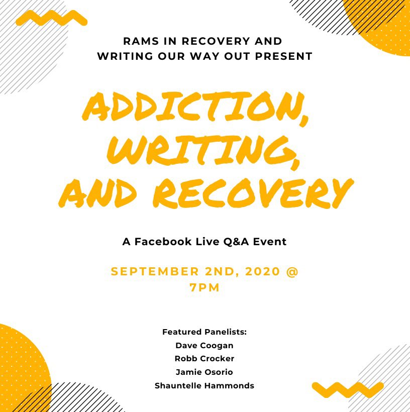 writeyourwayout's tweet photo. We are pleased to announce that we’re also hosting a live Facebook event with Rams in Recovery on Wednesday, September 7th @ 7pm in honor of Recovery Month!     “Addiction, Writing, and Recovery”
#vcu #ramsinrecovery #rva #wowo #recoverymonth https://t.co/BEKN5s7vqg