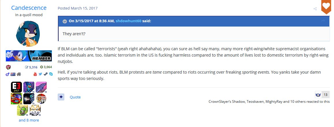 [3/?] Member downplaying Islamic terrorism by claiming that it is "harmless" compared to right-wing terrorism, despite such incidents as 9/11 and the Pulse Nightclub shooting, the former having resulted in the deaths of nearly 3000 people;