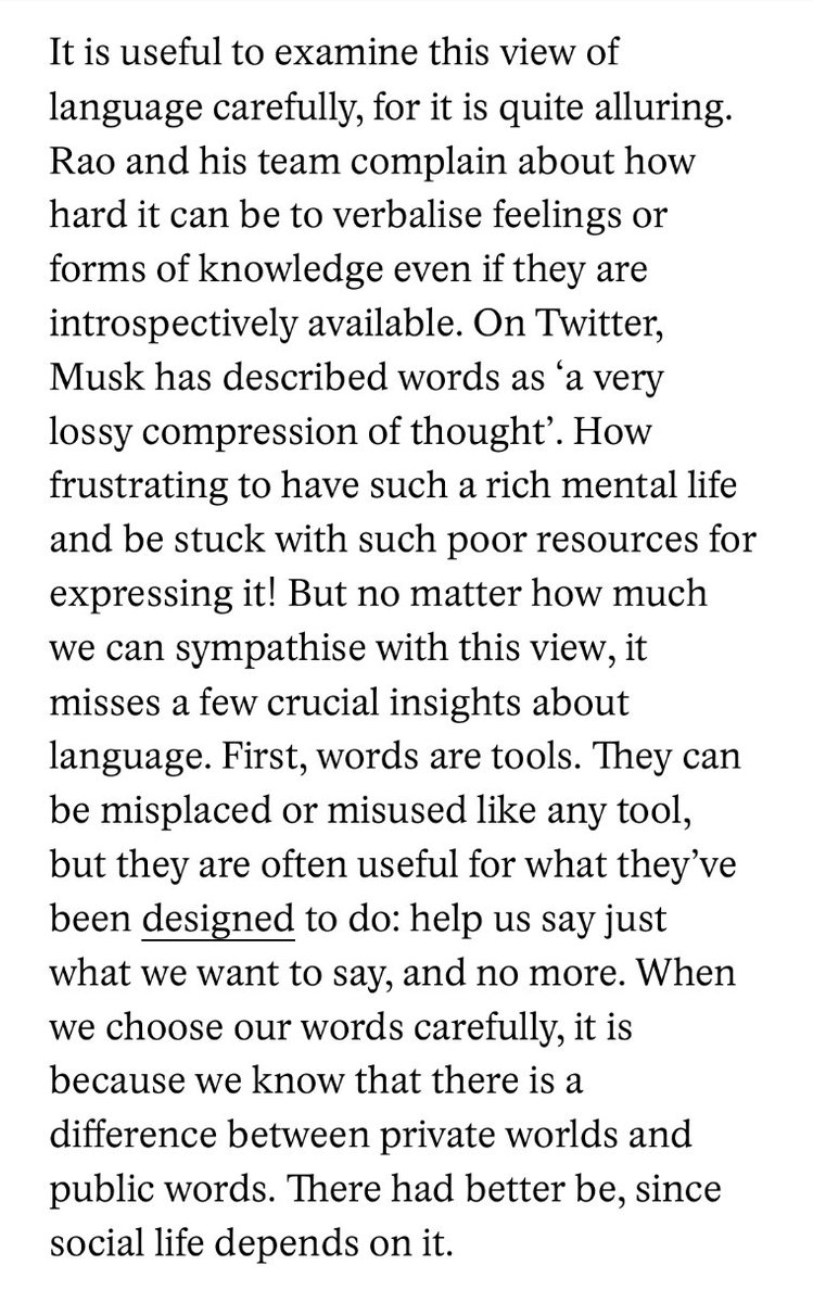 Ah, here we go  #neuralink — "speech is so very very slow”, so one dream of Musk and team is to enable "nonlinguistic consensual conceptual telepathy". Counterpoint from my  @aeonmag piece upthread: