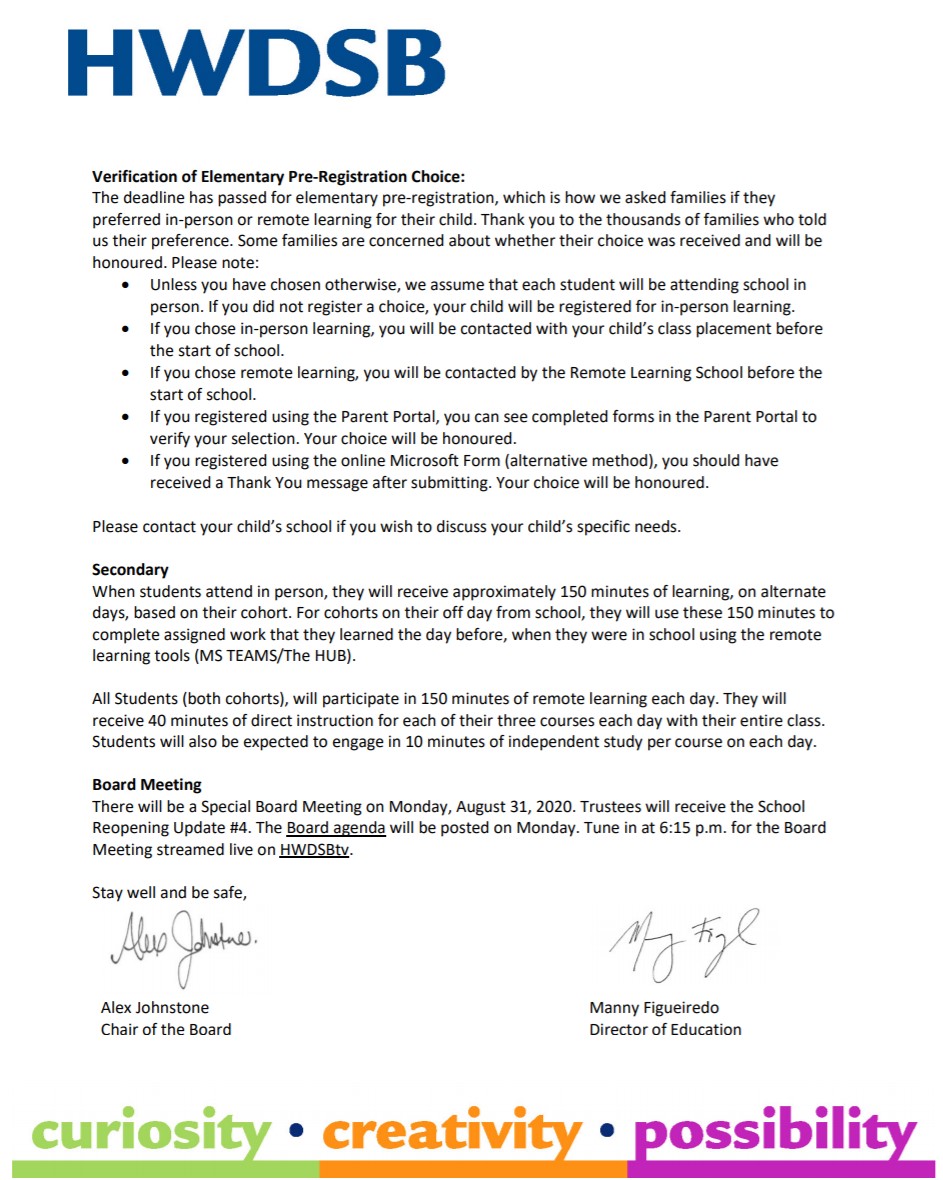 Our school reopening update has details on our revised schedule for staggered entry, elementary pre-registration and more. See images also found at hwdsb.on.ca/covid19