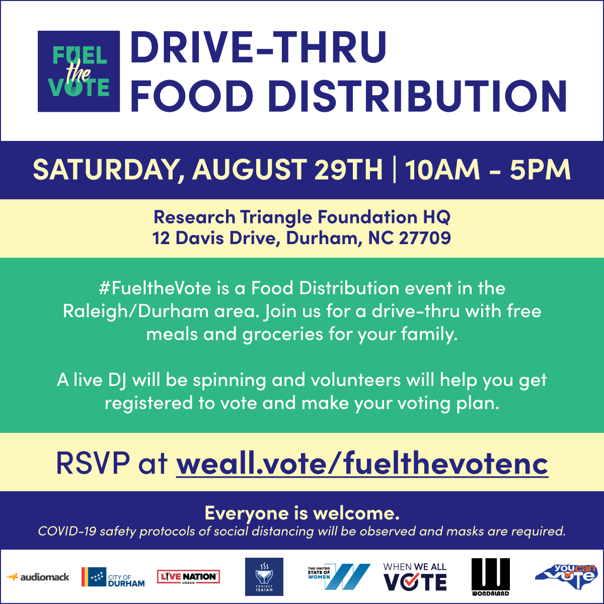 DurhamCounty's tweet photo. Tomorrow: @DurhamCounts is joining @WhenWeAllVote for the #FueltheVote Food Distribution event at @TheRTP Foundation HQ from 10am-5pm. We will fill trunks w/groceries, help folks with the #2020Census &amp; make sure they are registered to vote! Join us! https://t.co/4ZX44Ia0y6 https://t.co/MsCZlnfZ1R