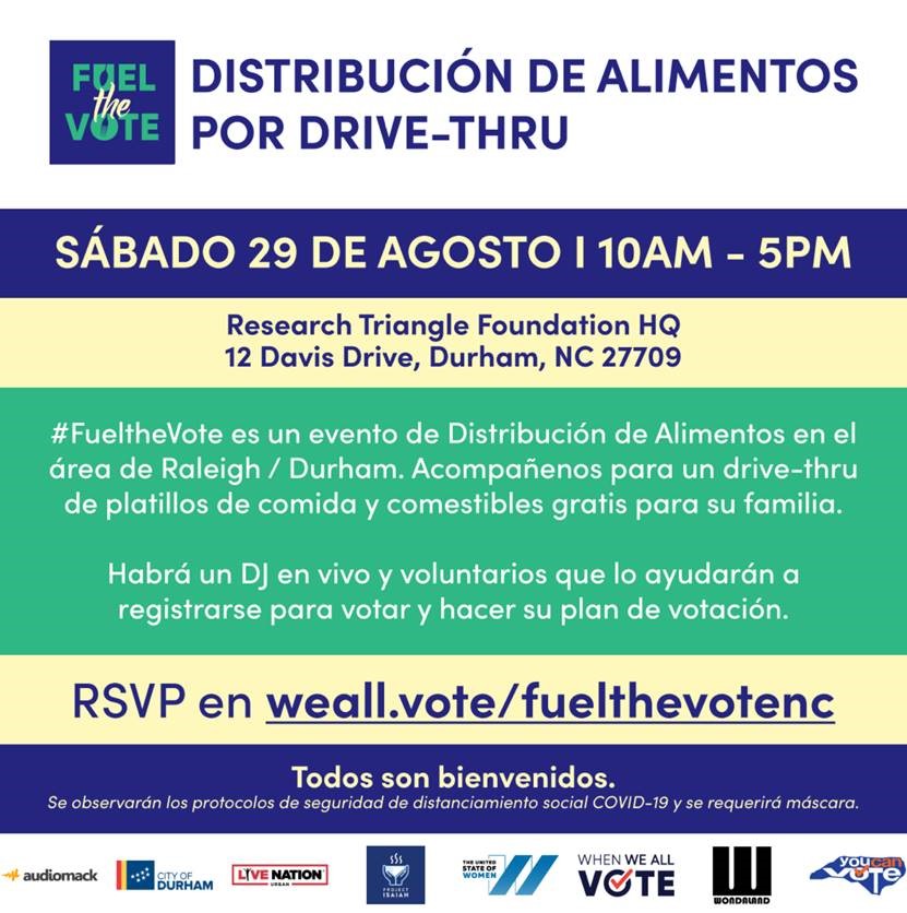 DurhamCounty's tweet photo. Tomorrow: @DurhamCounts is joining @WhenWeAllVote for the #FueltheVote Food Distribution event at @TheRTP Foundation HQ from 10am-5pm. We will fill trunks w/groceries, help folks with the #2020Census &amp; make sure they are registered to vote! Join us! https://t.co/4ZX44Ia0y6 https://t.co/MsCZlnfZ1R