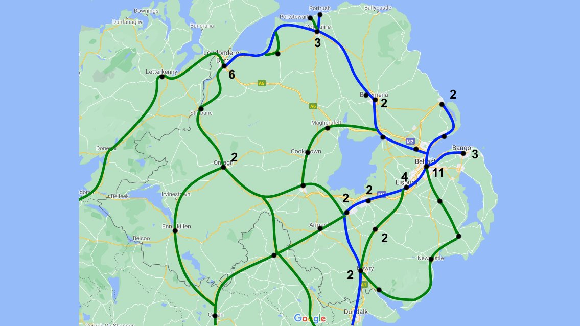 Half of NI live outside the Belfast commuter belt, yet have much less access to rail.If we had equal access to rail, here's what it would look like. #EqualRailNI