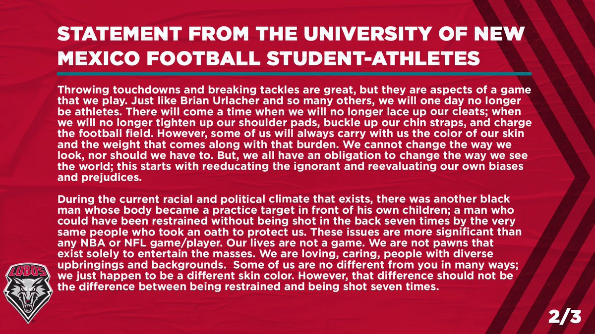 UNMLoboFB's tweet photo. A message from The University of New Mexico Football Student-Athletes.
#GoLobos https://t.co/HO3m7NizPk