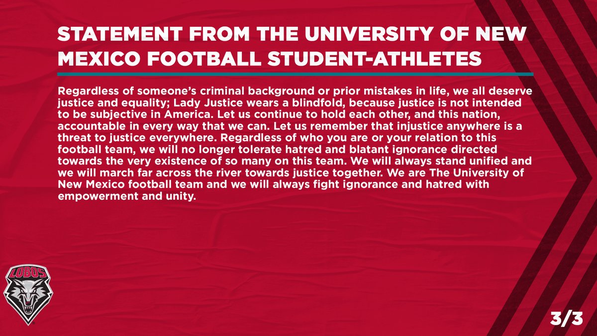 UNMLoboFB's tweet photo. A message from The University of New Mexico Football Student-Athletes.
#GoLobos https://t.co/HO3m7NizPk