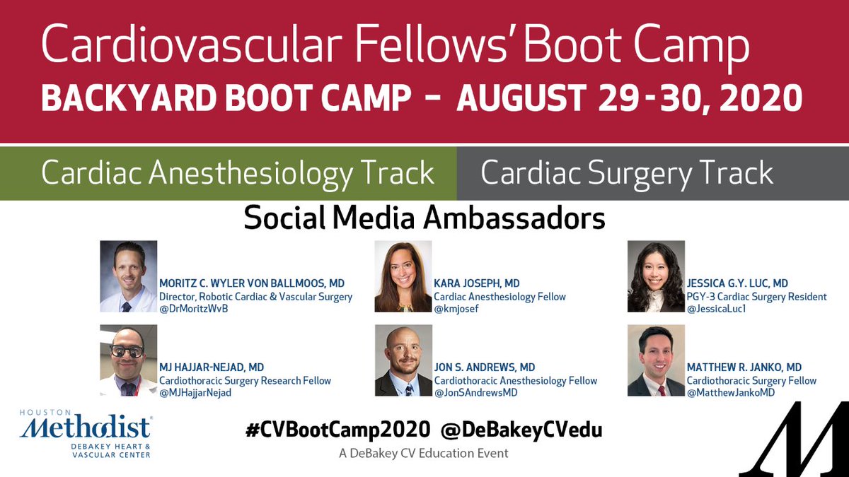 DeBakeyCVedu's tweet photo. Check out our social media ambassadors for #CVBootCamp2020! We are excited for all of the registered #cardiacsurgery and #cardiacanesthesiology fellows. Didn't register? Make sure you check out our livestreams.
Aug 29: https://t.co/04HbkBciE8
Aug 30: https://t.co/n1JLNcAb1y https://t.co/qHY9DzWNWh