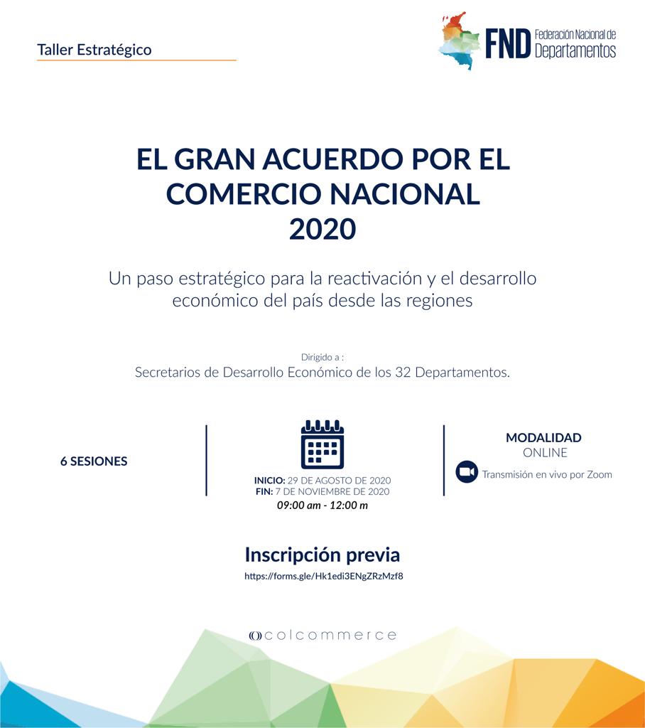 ¡Atención secretarios de Desarrollo Económico departamentales! No se pierdan el taller estratégico ‘El Gran Acuerdo por el Comercio Nacional 2020’ adelantado por la <a href="/FNDCol/">FND - Federación Nacional de Departamentos</a> que busca fortalecer estrategias de reactivación económica. Inscripciones en ➡️ bit.ly/3b5jVYm