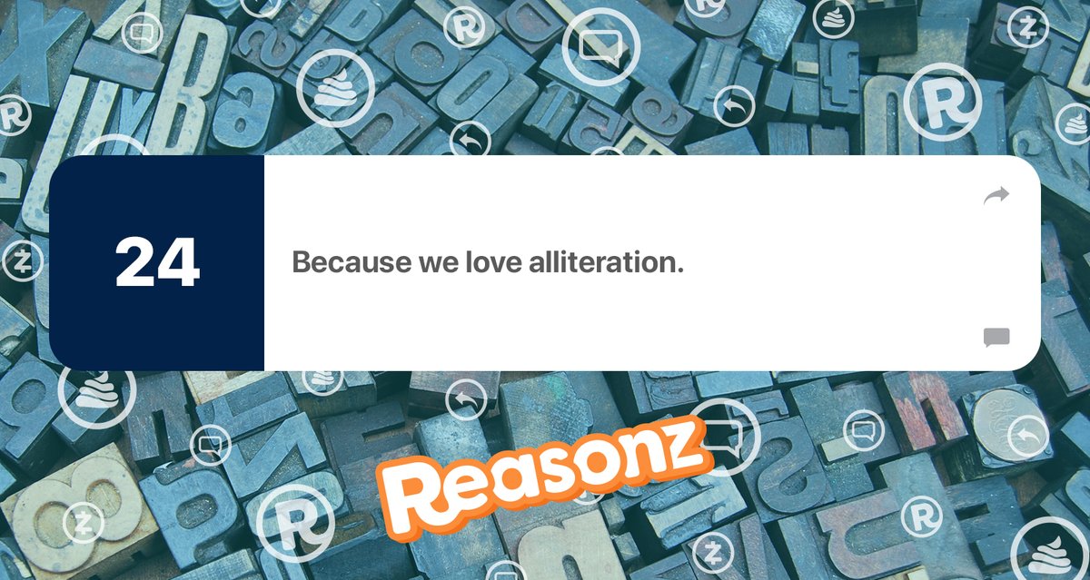 ReasonzHQ's tweet photo. Why 50 Fridays?
Reason #24: Because we love alliteration.
#reasonz #win #bonus #giveaway #fifty #friday #tgif #prize https://t.co/PwMxjtIKa3