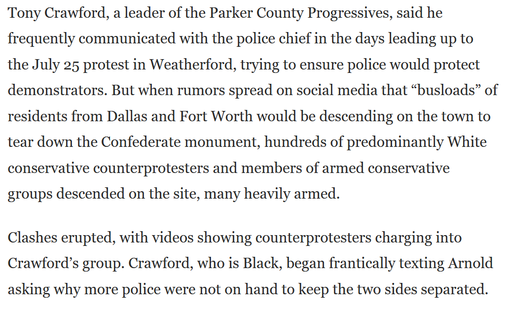 This same story from  @washingtonpost notes that police in Weatherford Texas were very late and ineffective at stopping violence from heavily armed right wing groups. But I don't think that anyone is saying officials in Weatherford (which is hardly a "blue city") are soft on crime