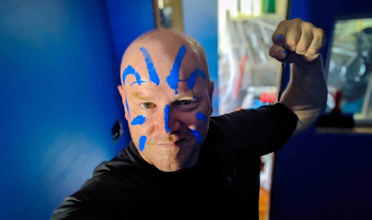 ChrisKane's tweet photo. This is what happens when you combine: Friday, Blue Paint, Japanese Whisky and an overwhelming desire to be a viking! #boothbuilding #woadgoals #voiceover ๐ป https://t.co/pAEJ8nO2EU